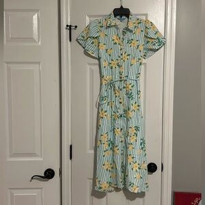 Draper James RSVP Blue Striped Yellow Floral Midi Shirt Dress XS